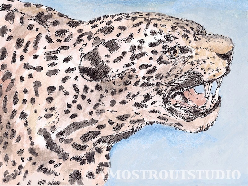 Original matted, framed watercolor gouache painting of jaguar 9.5x 11.5