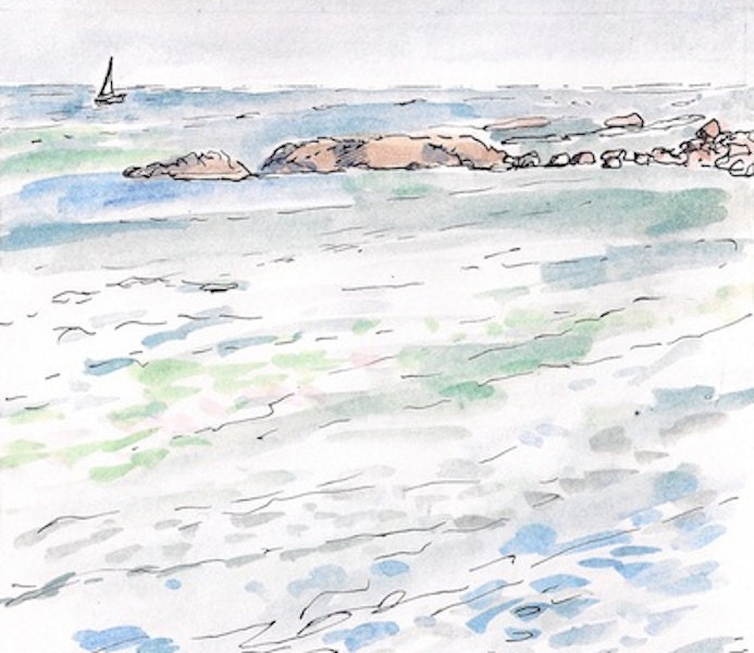 Sailboat ocean rocks, original watercolor landscape framed painting 10.5x12.5