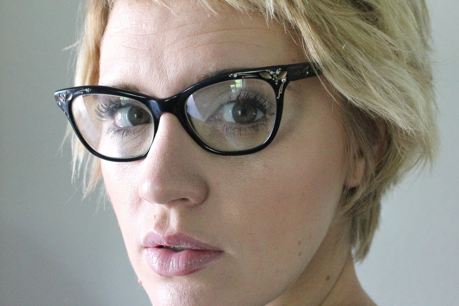 Vintage 50's French Black Rhinestone Cateye Cat Eyeglasses Sunglass Frames