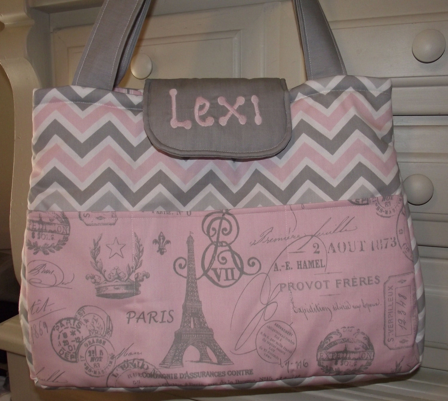 FRENCHY Baby Girl Soft Pink and Gray PARIS SCRIPT Diaper Bag
