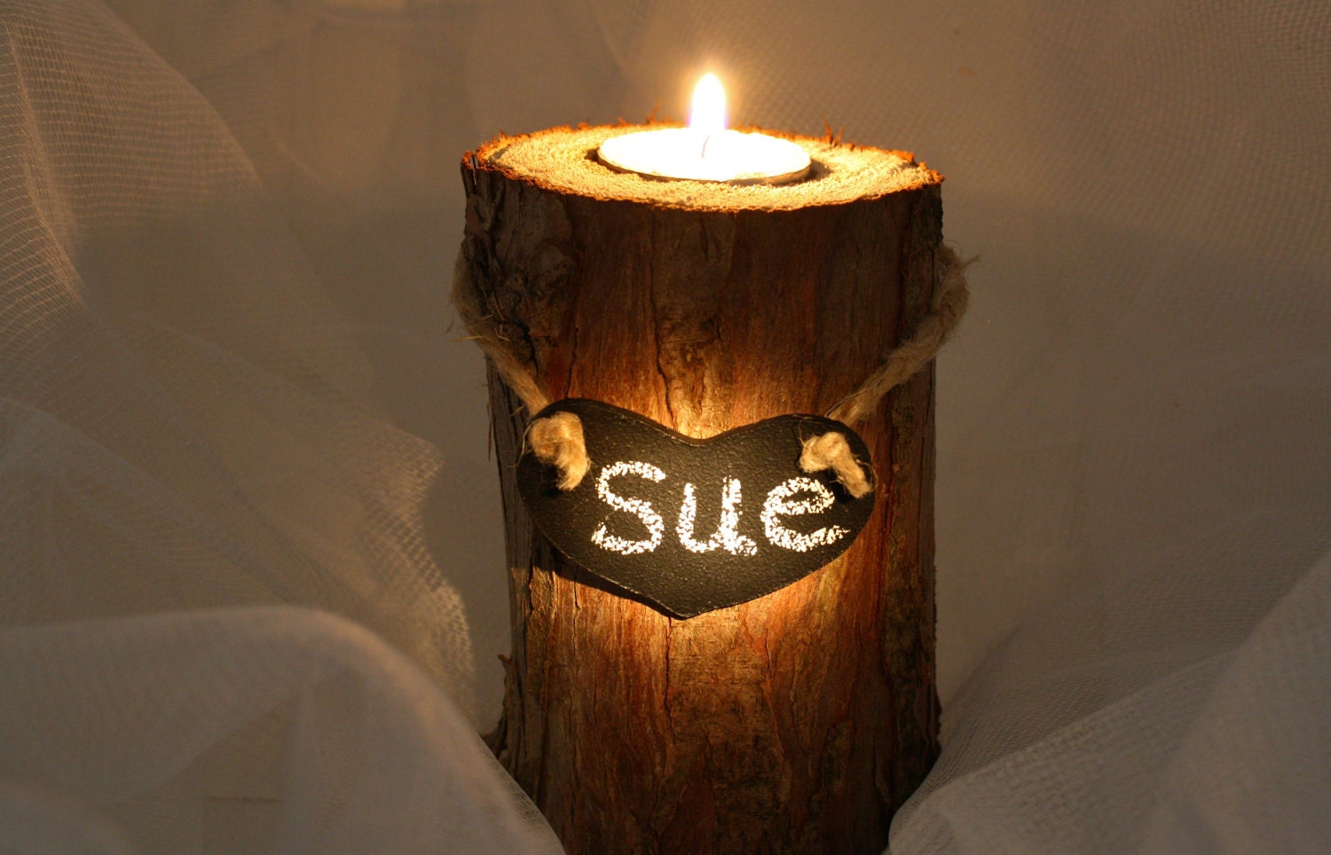 RESERVED for MAAillustrations - Personalized CANDLE HOLDER, Rustic Log & Bark, Chalkboard Heart, Tea Light Candle