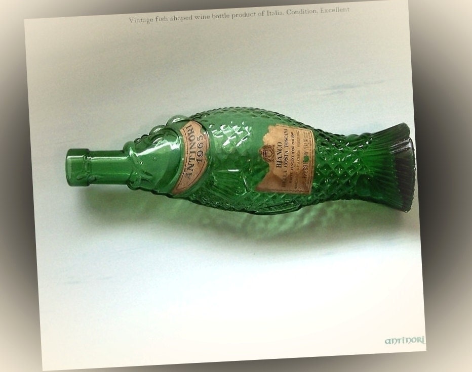 Vintage Wine Bottle -1965 fish shaped green glass bottle from Antinori Italy -Vino Bianco Italiano