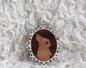 Laser cut wood necklace - Adorable little bunny rabbit cameo, handpainted white border