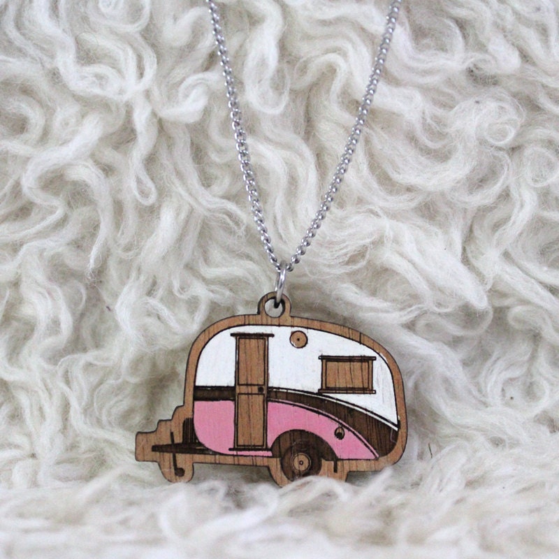 Laser cut wood necklace pendant, Cosy, cute vintage caravan, pink and white handpainted