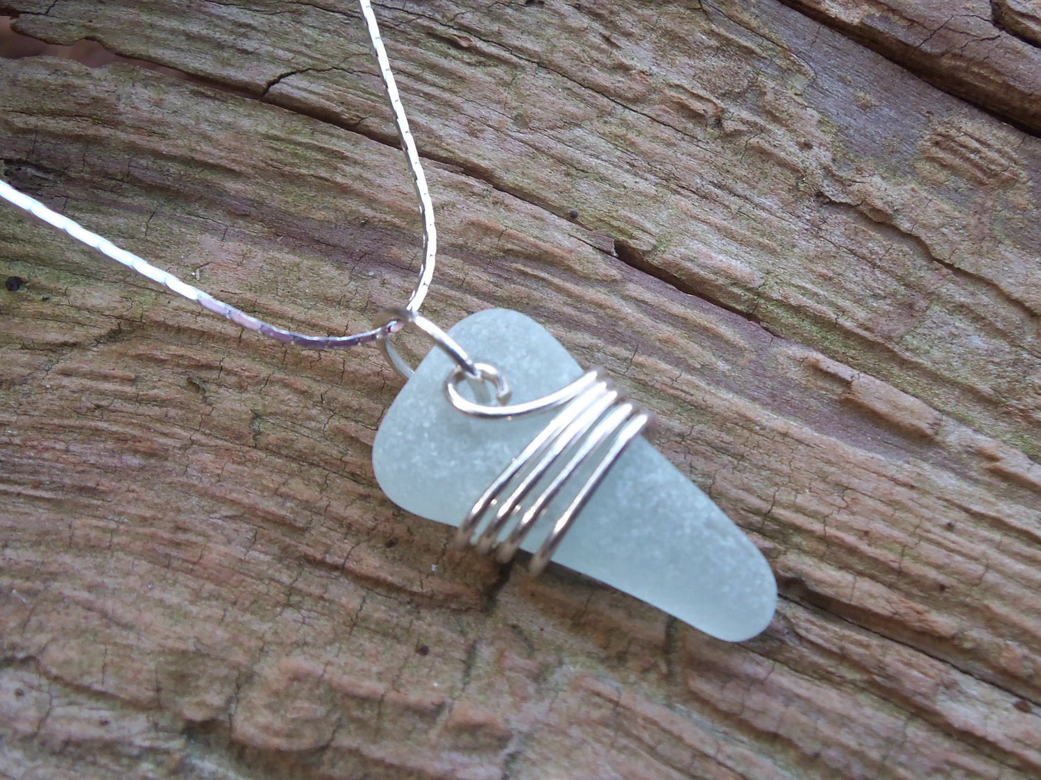 Sea glass jewelry, Pale aqua sea glass with sterling silver wrap