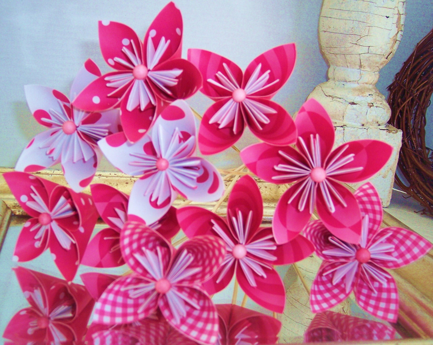 Pink paper flowers. Set os12. Origami paper flowers- mix and match