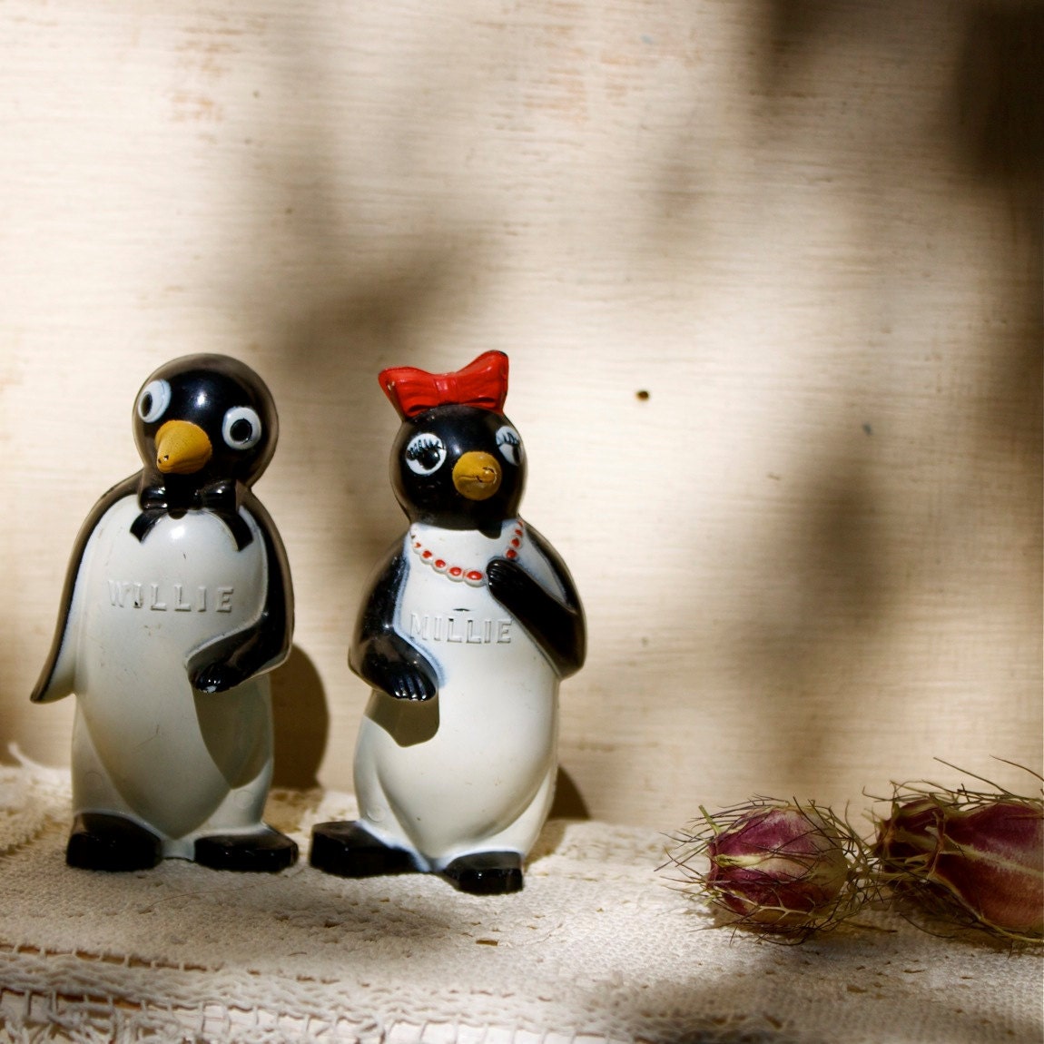 S.A.L.E. 30 % off : Vintage penguin Willie and Millie salt and pepper shakers vintage mid century celluloid penguins