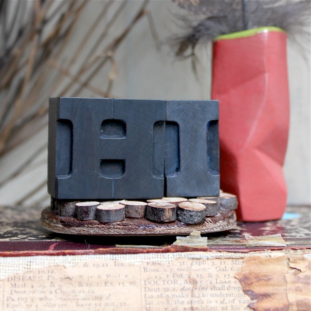 Antique letterpress wood block "H.I." simple valentines for friend or coworker