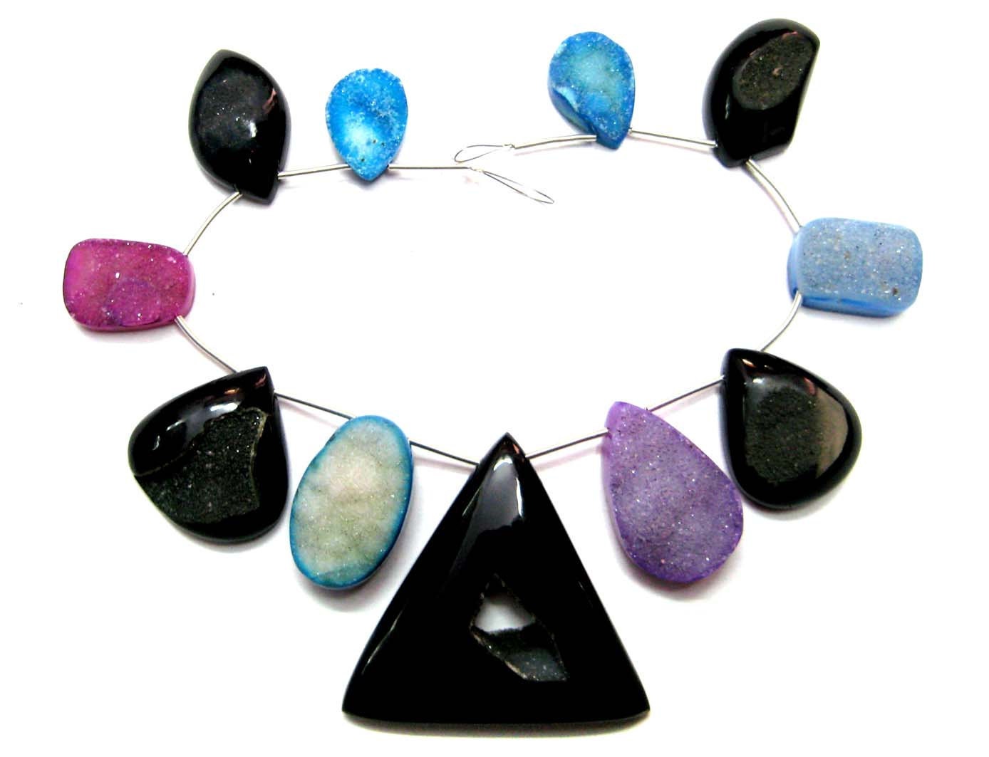 11 pieces of multi colour full druzy and window druzy briolette beads , smooth polished , fine quality druzy crystals , full strand beads