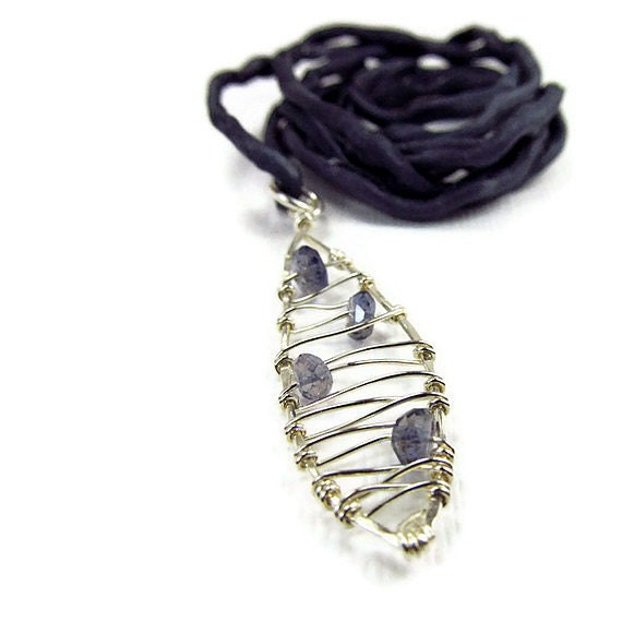 Pendant Blue Ribbon Necklace Iolite Gemstone Feather Pendant - Sterling Silver Leaf Pendant Fashion Jewelry