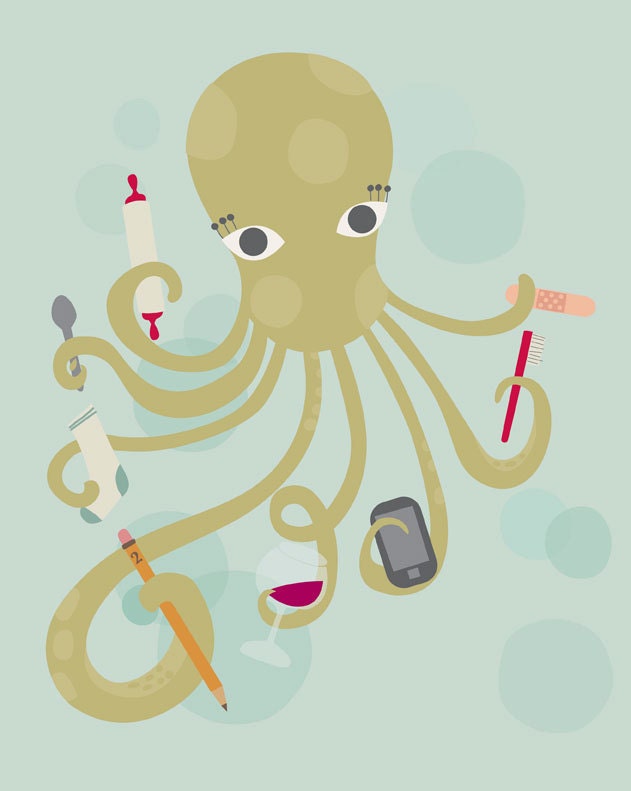the multi-tasking octopus. 8 x 10 print by Blue Bunny and Orange Nose