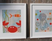 Ocean Pals. 2 prints 11.5 in x 11.5 in. wall art by Blue Bunny and Orange Nose