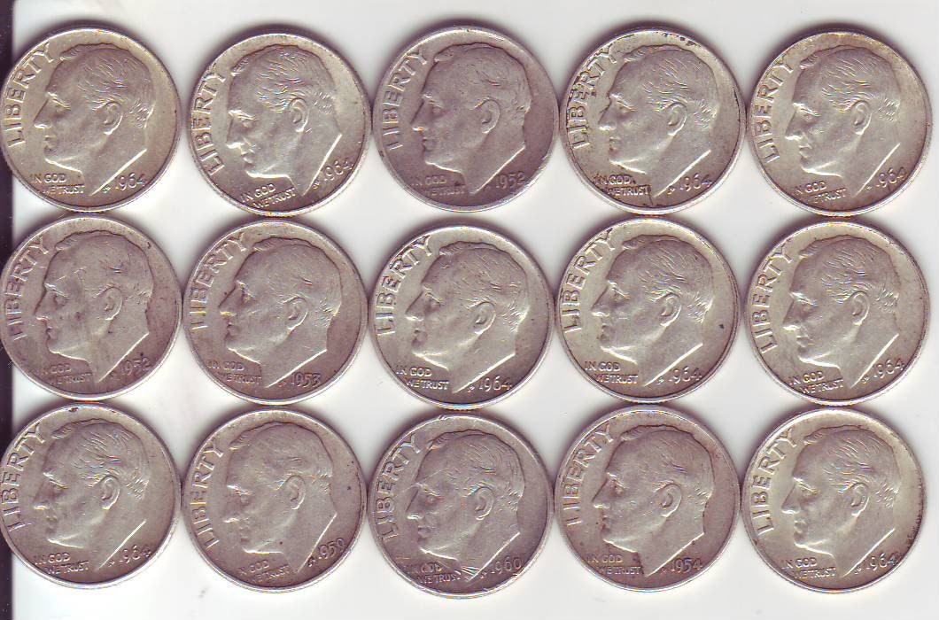 Roosevelt Dimes Lot Of 15 - 90% Silver Coins 1946-1964