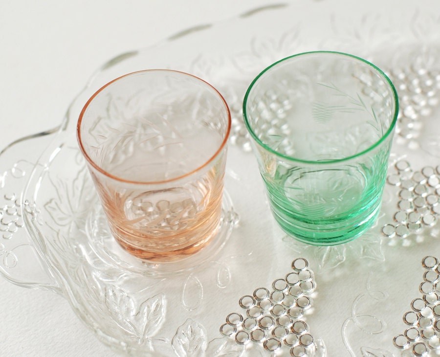 Vaseline Glasses Chartreuse and Peach Pair
