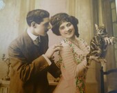 Art Nouveau Postcard  La Nuit Tous les Chats Sont Gris Vintage French Hand Colored Photo