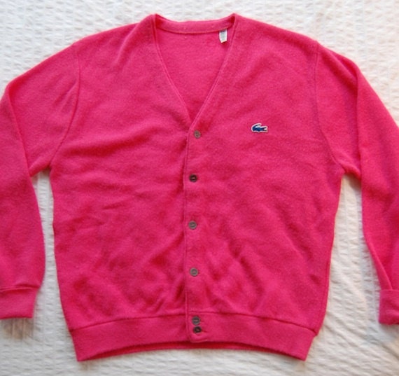 VINTAGE 1970's izod lacoste cardigan PINK v-neck golf sweater MEDIUM