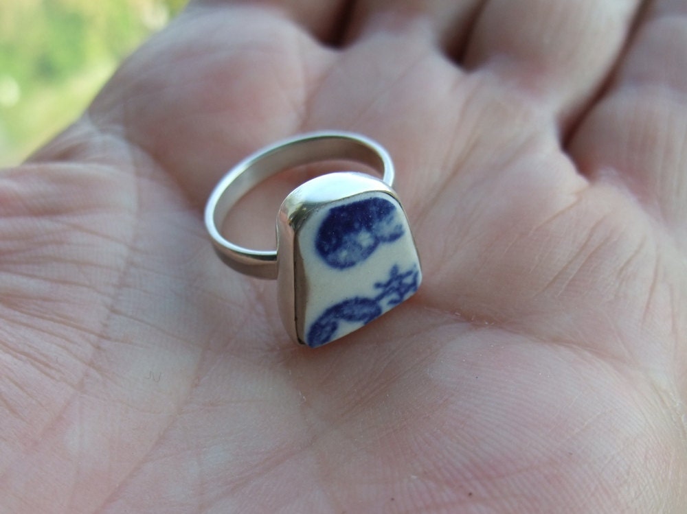 Blue Beach Pottery Ring Sterling Silver Size 6 3/4