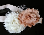 Vintage shabby chic chiffon flower champagne headband - Baby Headband - Flower Girl Headband - Infant Headband