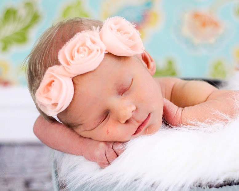 THE CAROLINE -Gorgeous Shabby Chic Peach Rosette Headband- newborn photography- wedding-naming ceremony- baptism, christening- blessing