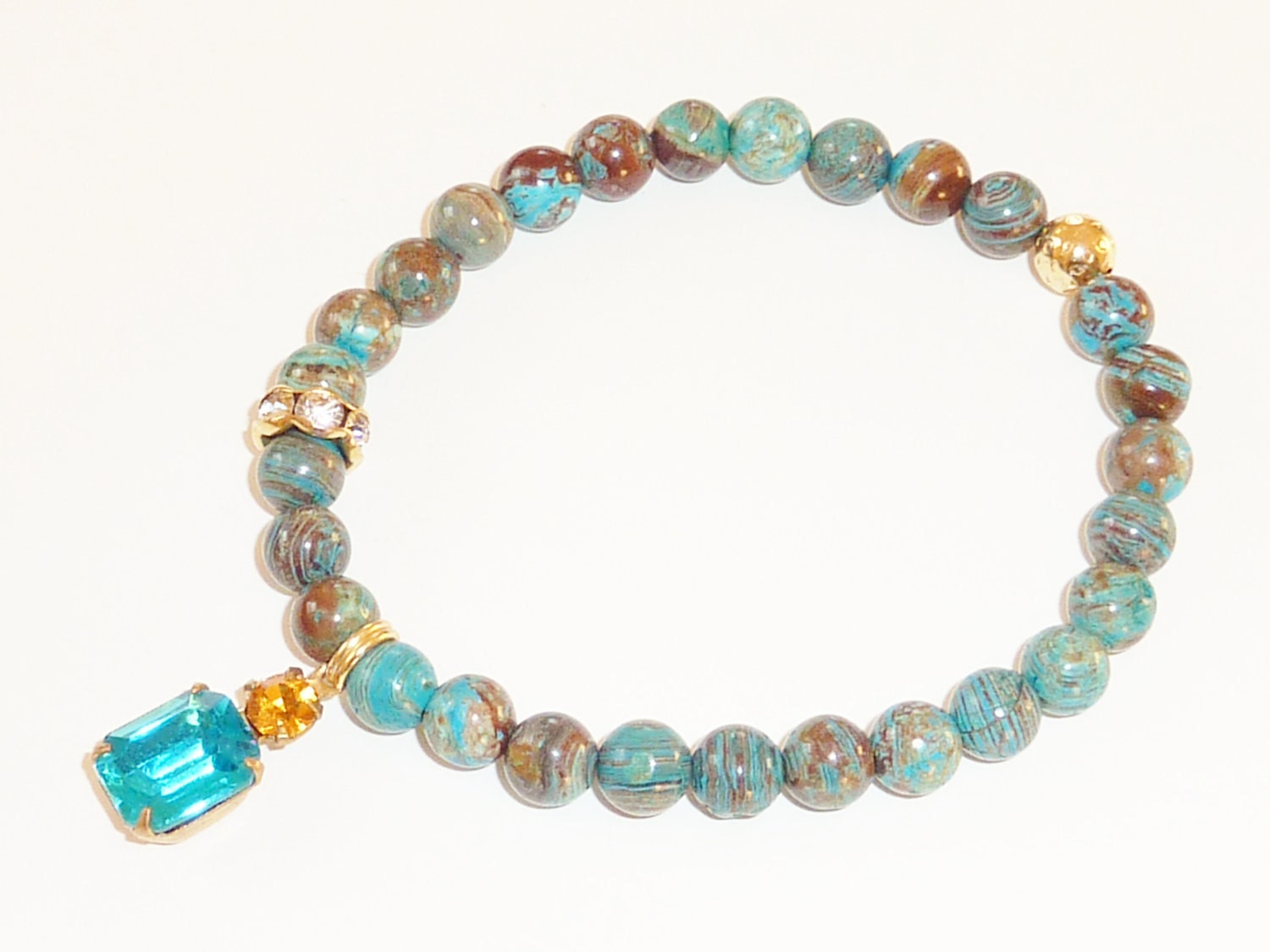Gemstone Beaded Bracelet in Blue Sky Jasper with Vintage Aquamarine and Light Topaz Glass Charm
