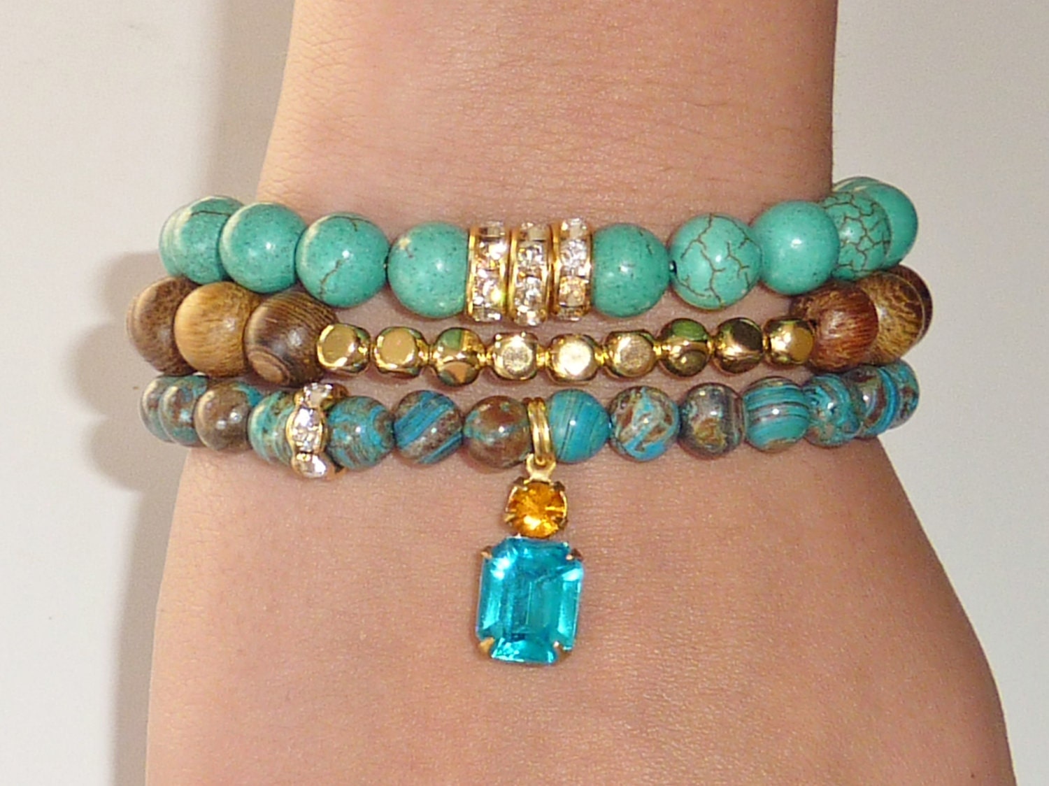 Gemstone Beaded Bracelet in Blue Sky Jasper with Vintage Aquamarine and Light Topaz Glass Charm
