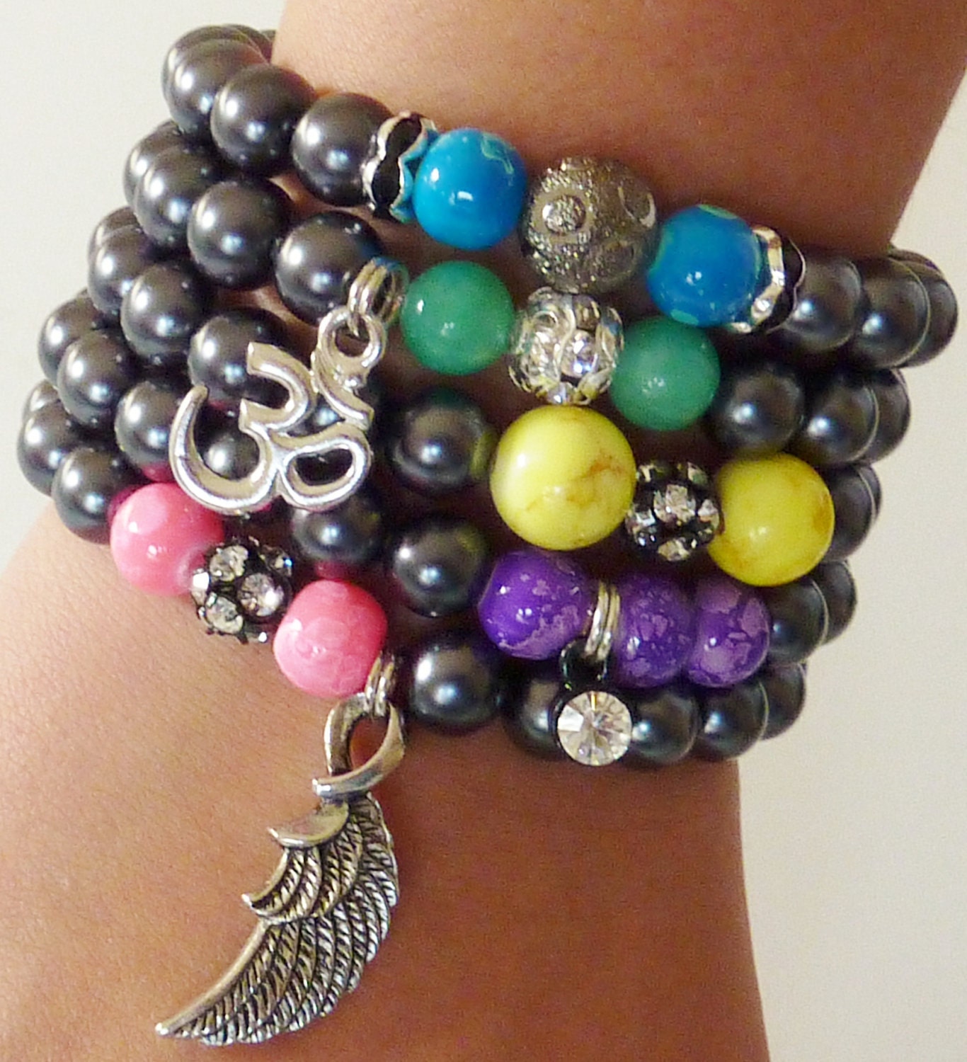 Beaded Bracelet Set with Neon Accents, Jet Black Pearlized Beads and Silver Charms