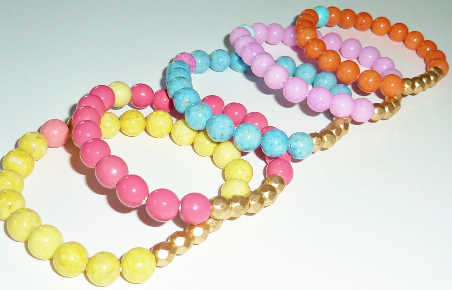 Beaded Bracelet Set in Sherbet Hues with Czech Fire Polished Glass Crystal in Matte Gold