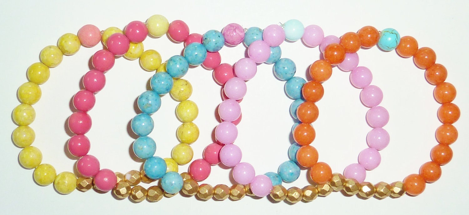 Beaded Bracelet Set in Sherbet Hues with Czech Fire Polished Glass Crystal in Matte Gold
