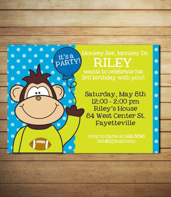 Monkey Birthday Invitation, Monkey Birthday Party Invitation, Green and Blue, Monkey Boy,  - Printable