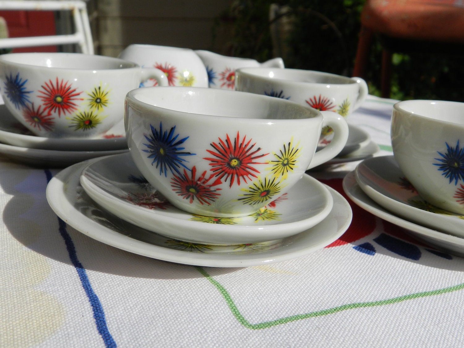 Miniature Tea Set, Fiesta Dishes, Childs Tea, Childrens Dishes, Cup and Saucer, Star Burst