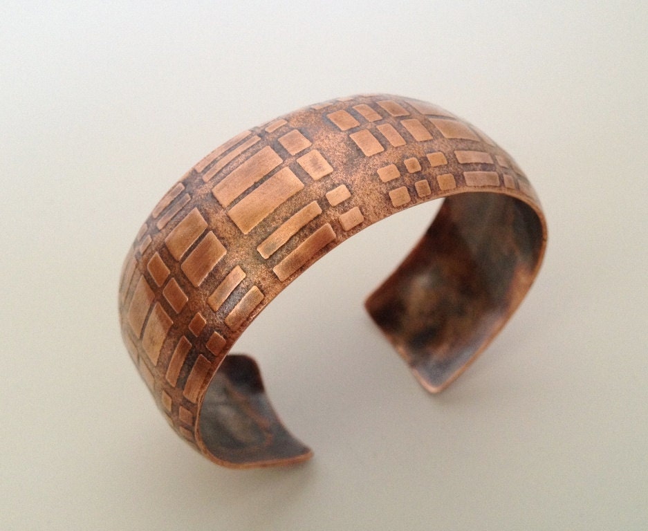 Textured Copper Cuff Bracelet - Plaid