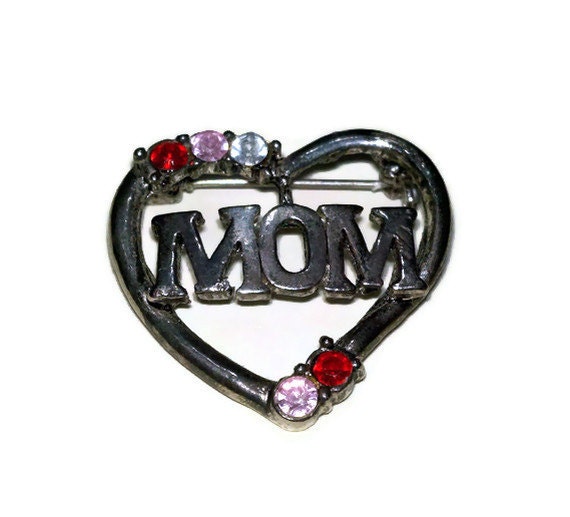 Silver plate Mom heart brooch with red, pink and clear rhinestones eco-friendly