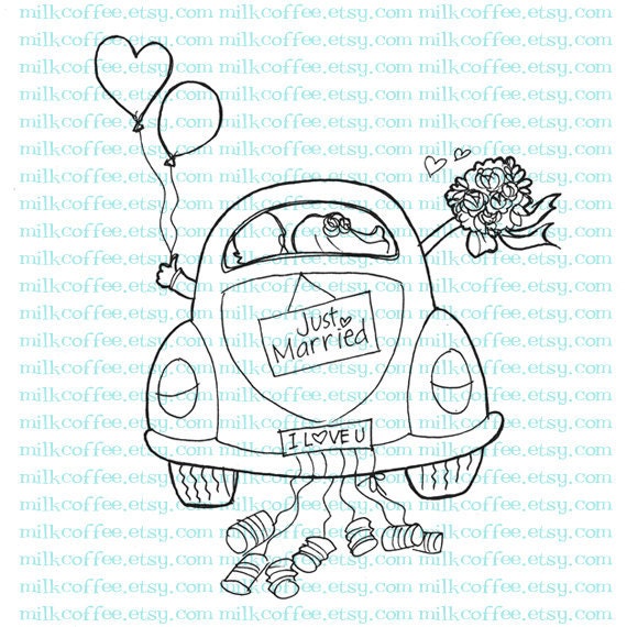 Digital Stamp Just Married Couple at Wedding Car