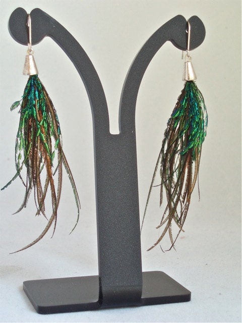 EARRINGS Peacock Feathers -  Sterling Silver 925, Hanging  Dangle Exotic