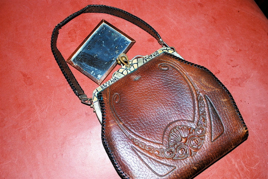 Art Deco or Nouveau 1918 Lotus Design Tooled Leather Bag with Enamel Jemco Frame Turnloc Latch -- SALE 10.00 OFF
