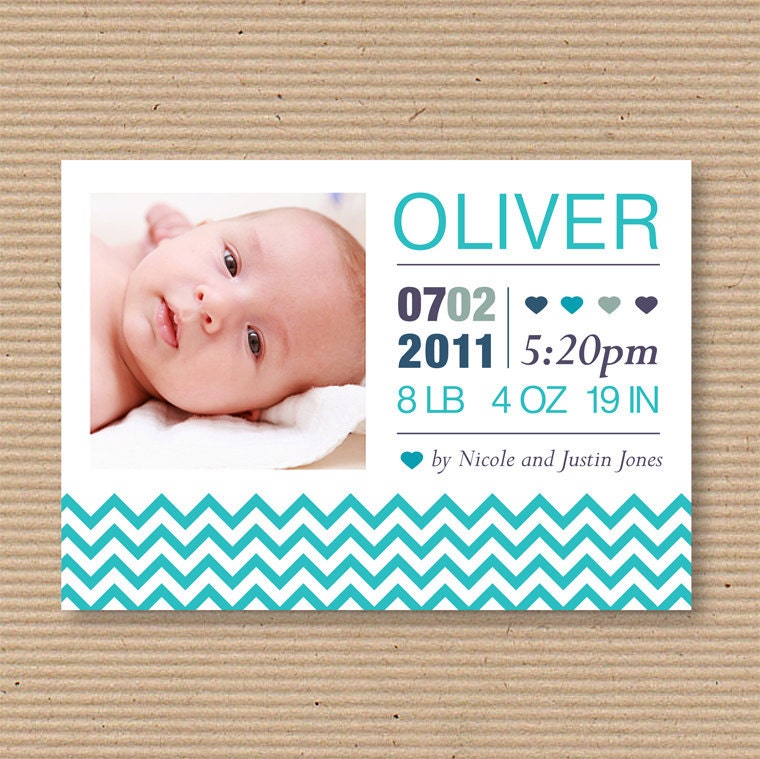 Birth Announcement - Custom Photo Card - for Baby Boy or Girl - digital file DIY - "Chevron Pattern"