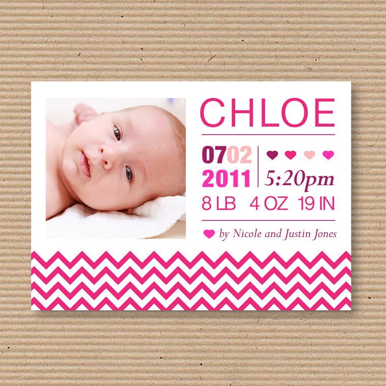 Birth Announcement - Custom Photo Card - for Baby Boy or Girl - digital file DIY - "Chevron Pattern"