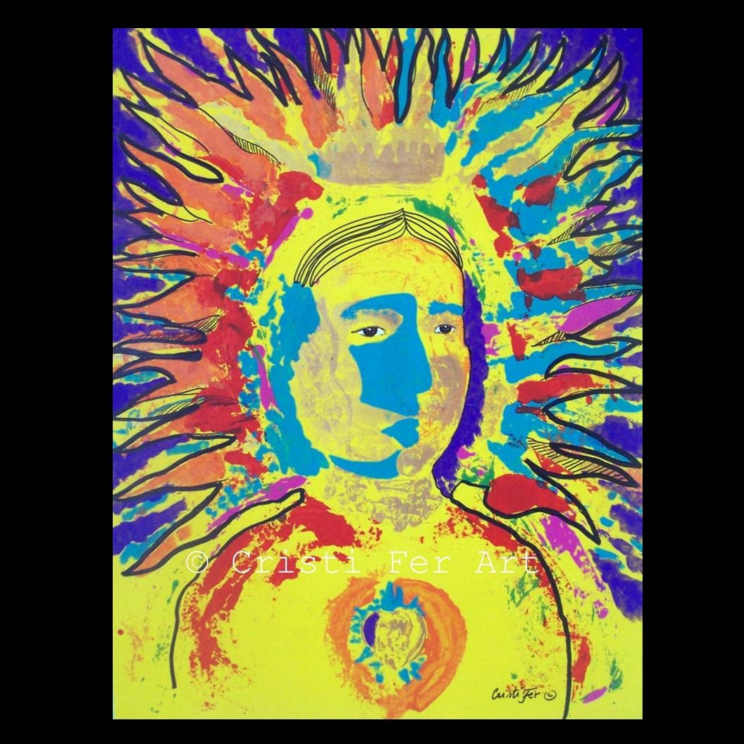 Madona, colorful, bright original Mixed Media Art by Cristi Fer, Mexico with, 25 1/2"x19 3/4" Great gift for any art lover
