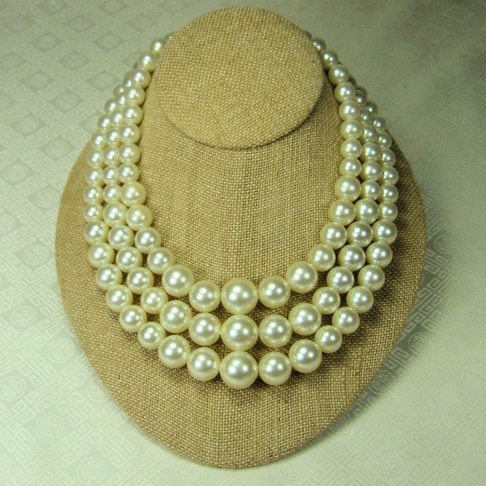 Vintage Triple Strand Faux Pearl Necklace signed Marvella