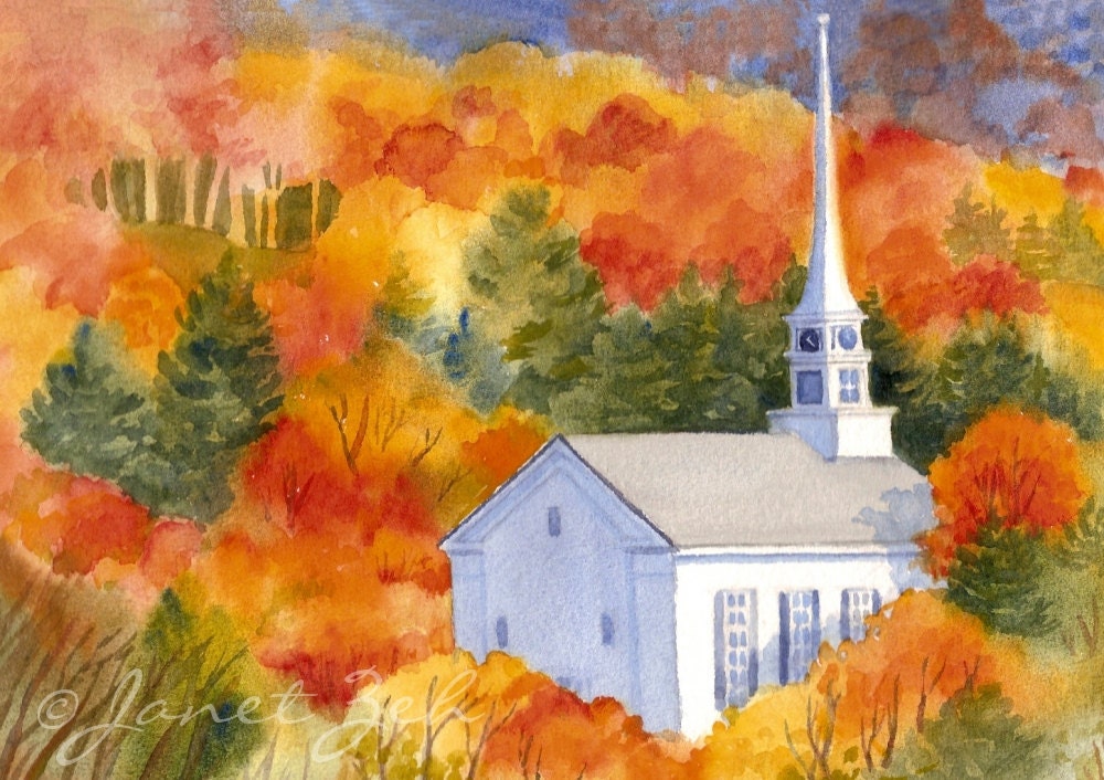 Watercolor Autumn Landscape Painting New England Steeple Janet Zeh