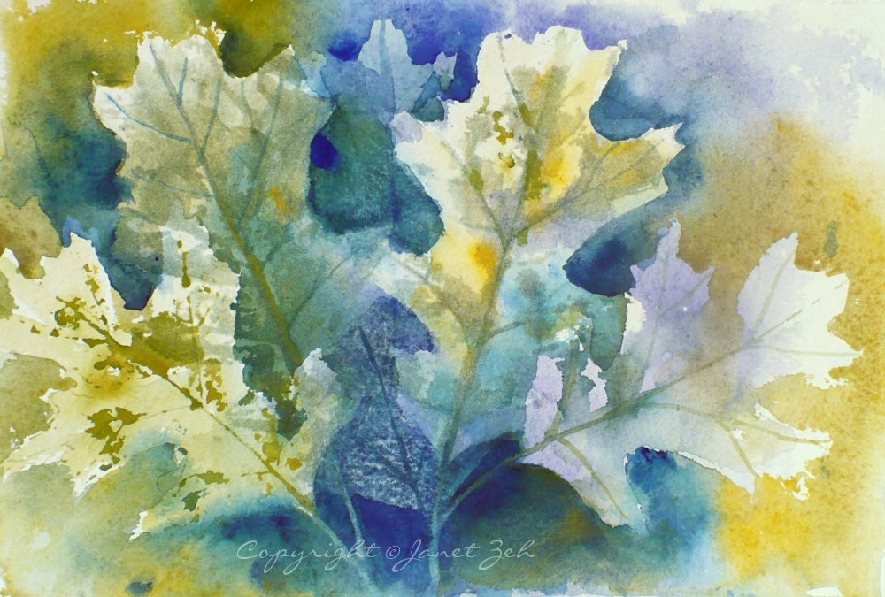 Oak Leaves Original Watercolor Painting Autumn Janet Zeh