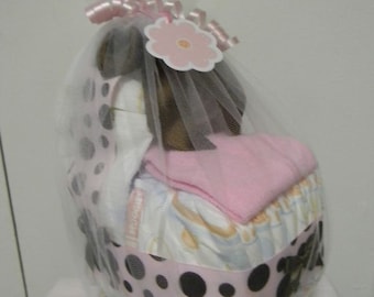 Pink & Brown Polka dot diaper bassinet, baby shower decoration