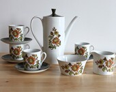 Staffordshire Tea Set - Vintage English Teacups, Coffee or Tea Pot and Saucers in Dark Green and Orange - Great for Wedding or Registry