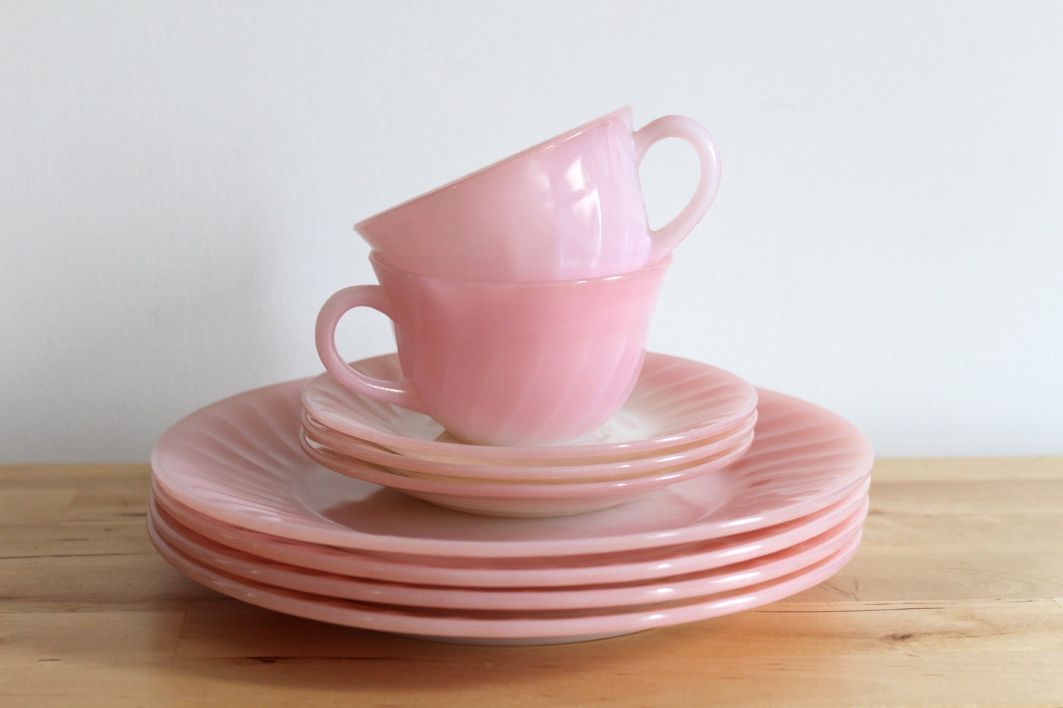 Fire King Pink Swirl Dishes - Vintage Pastel Pink Plate, Cup and Saucer Set - Great for Housewarming or Bridal Showers