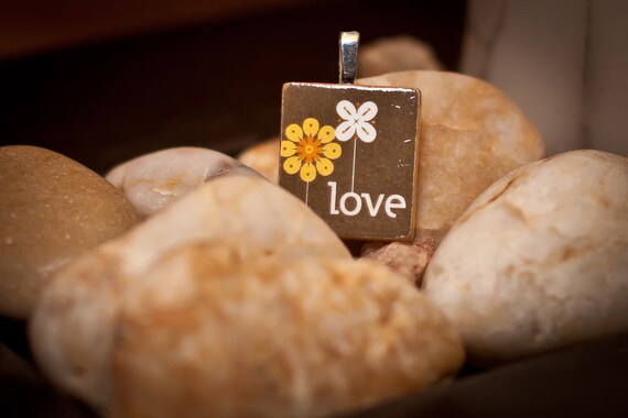 Scrabble Tile Necklace Pendant: Love Orange Brown Flowers