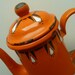 Vintage French Enamel Coffee Percolator/Pot in Orange with Art Deco pattern