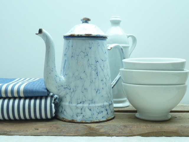 Vintage French Enamel Coffee Percolator/Pot in White with Blue Vein finish