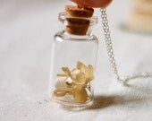 botanical vial necklace preserved specimen corked top whimsical hydrangea extra long 35 inch silver chain. winter garden real pressed flower