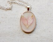 pressed flower necklace pink delphinium petals heart botanical Pendant with Handmade Paper - resin jewelry spring summer garden mothers day