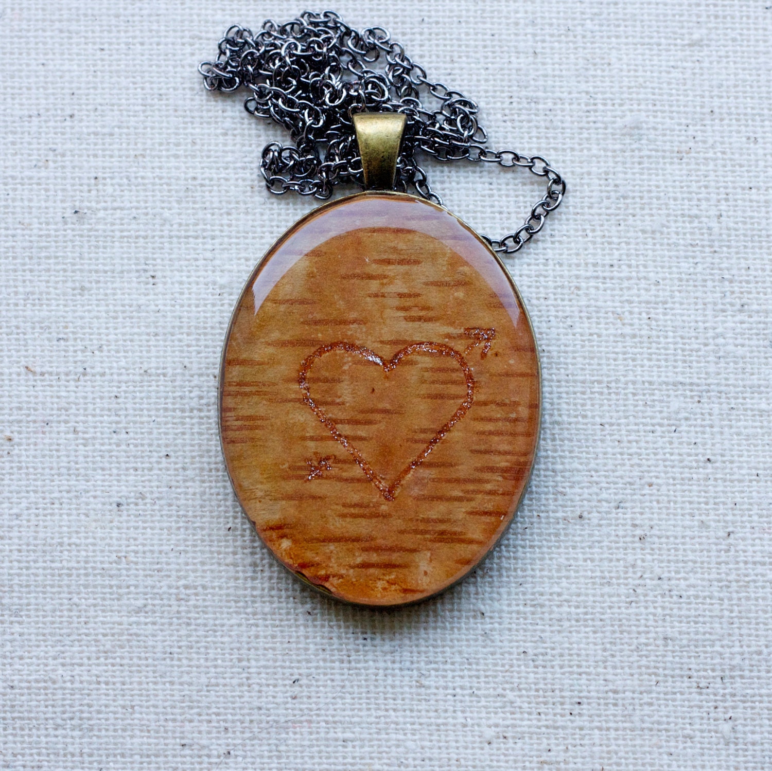 botanical jewelry pendant necklace birch bark necklace with hand drawn heart and arrow love romantic whimsical brown personalized